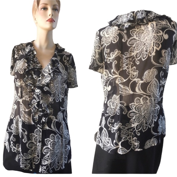 Oscar De La Renta white/black sheer blouse